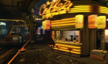 Neon-lit coffee shop exterior at night