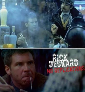 Two-panel film still with Rick Deckard text